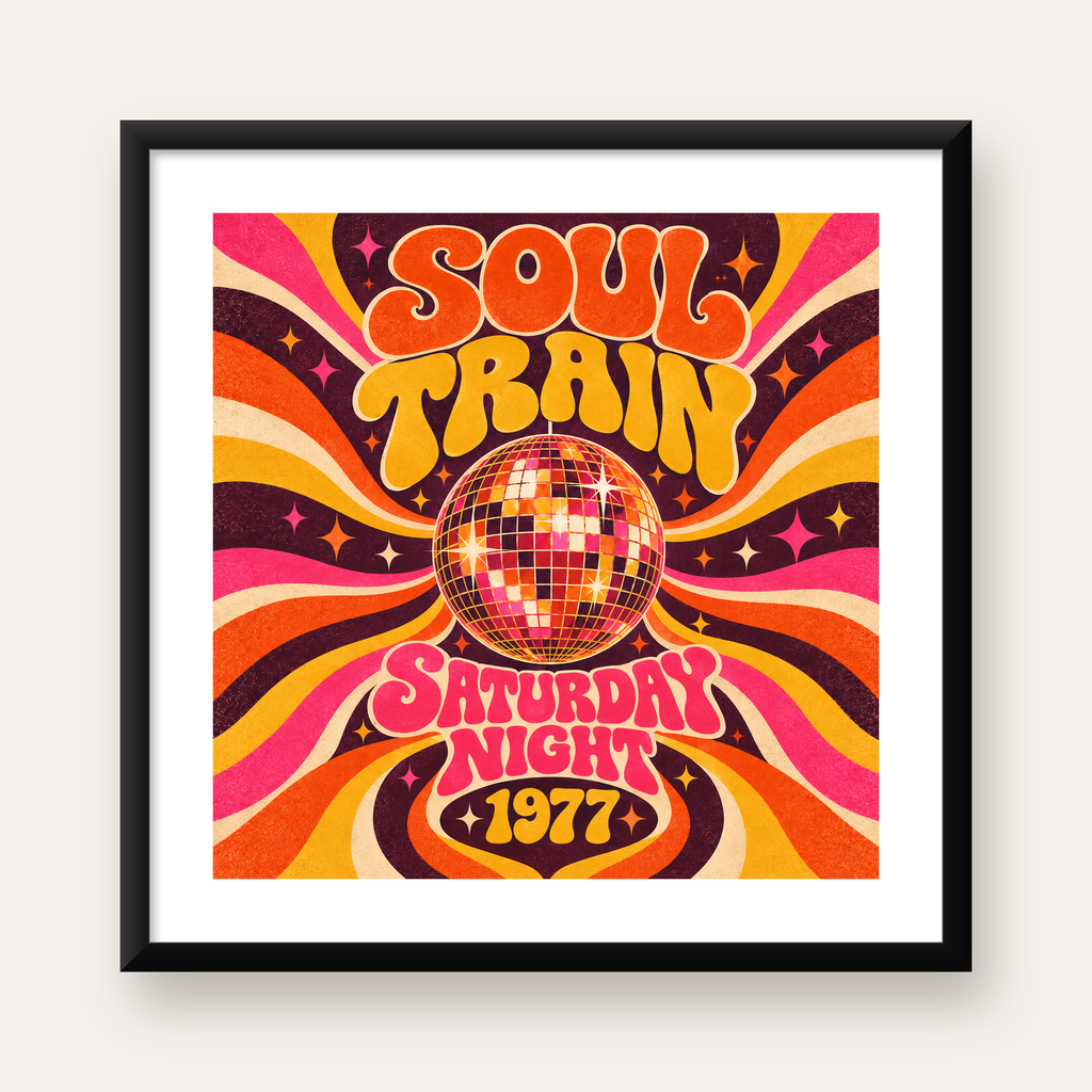 Retro Disko Topu Poster – Soul Train Saturday Night 1977 — Kare baskı, beyaz paspartulu