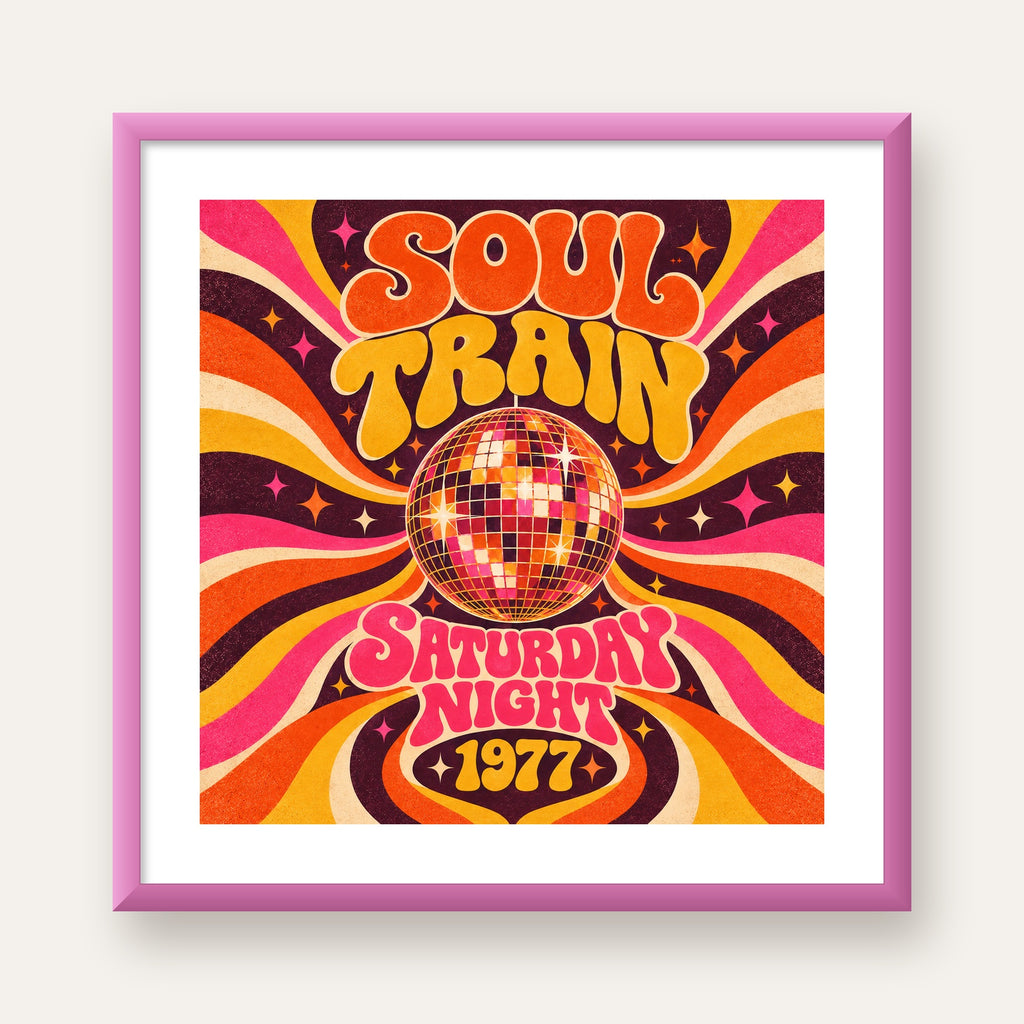 Retro Disko Topu Poster – Soul Train Saturday Night 1977 — pembe çerçeveli paspartulu