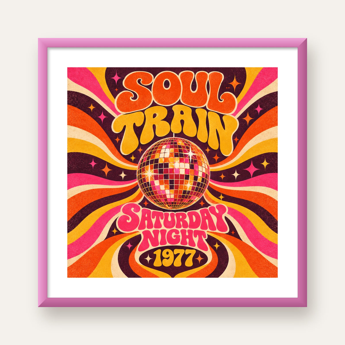 Retro Disko Topu Poster – Soul Train Saturday Night 1977 — pembe çerçeveli paspartulu