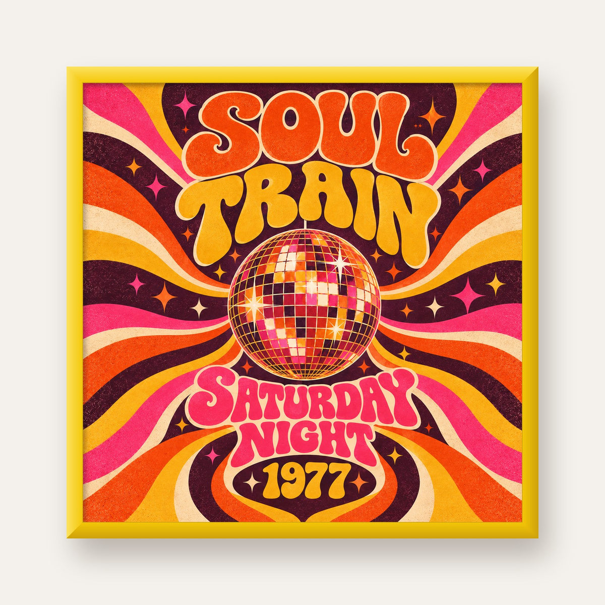 Retro Disko Topu Poster – Soul Train Saturday Night 1977 — sarı çerçeveli