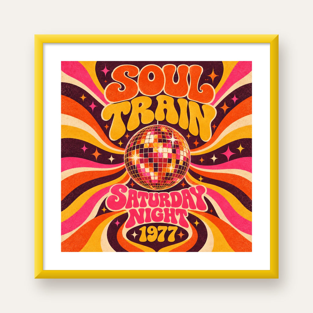 Retro Disko Topu Poster – Soul Train Saturday Night 1977 — sarı çerçeveli paspartulu