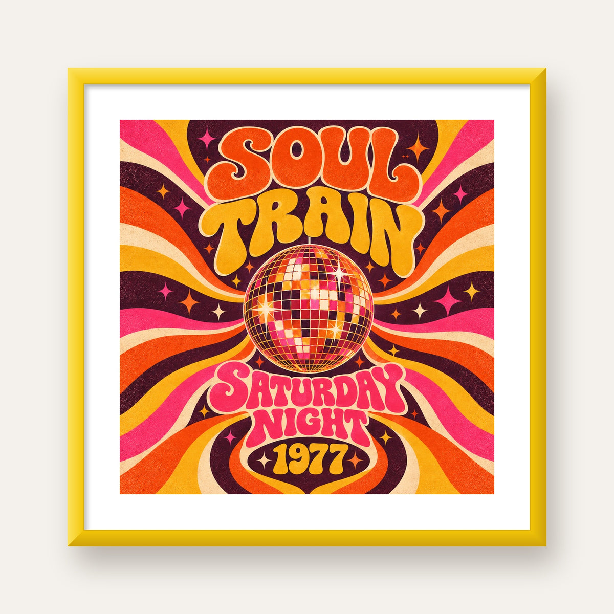 Retro Disko Topu Poster – Soul Train Saturday Night 1977 — sarı çerçeveli paspartulu