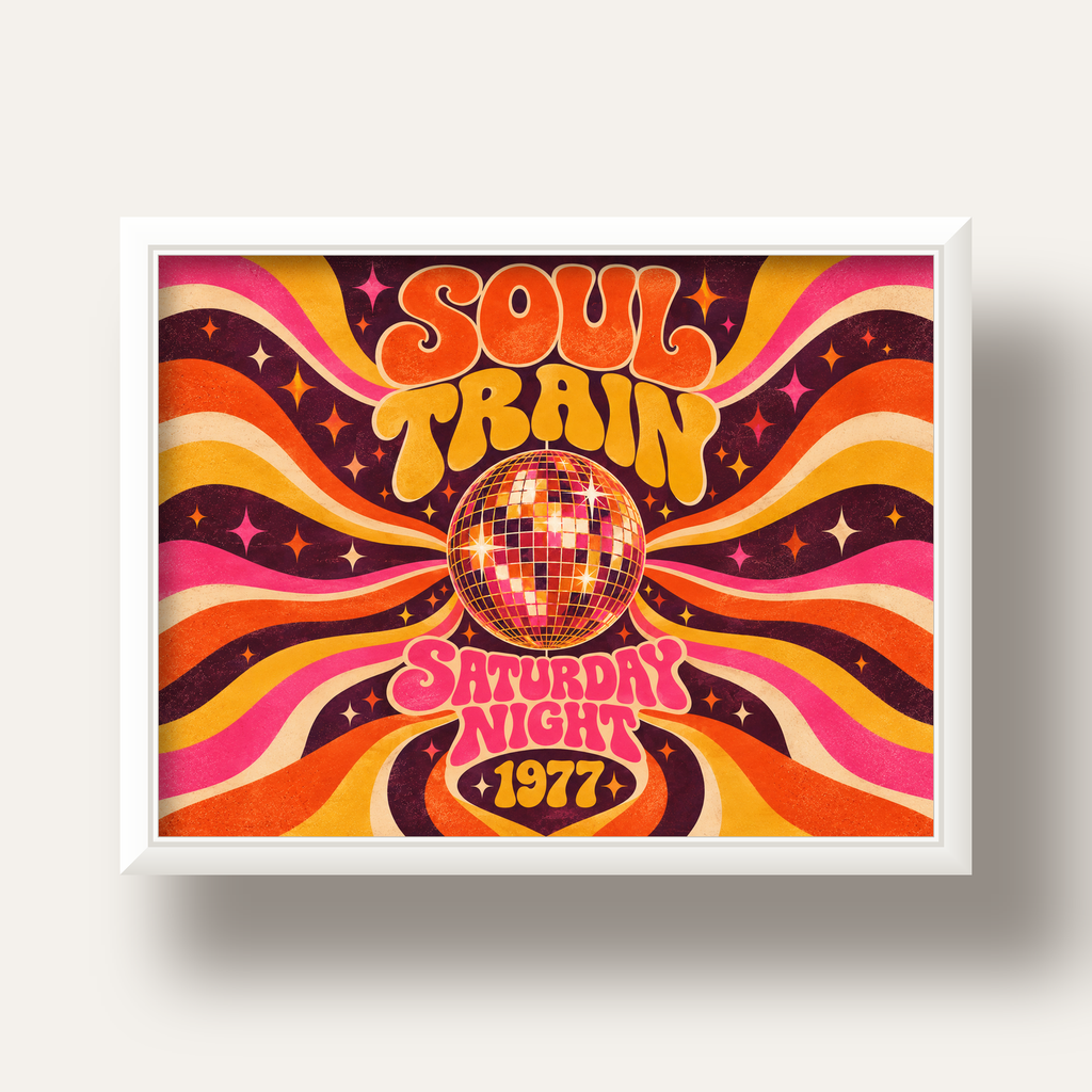 Retro Disko Topu Poster – Soul Train Saturday Night 1977 — beyaz derin çerçeveli