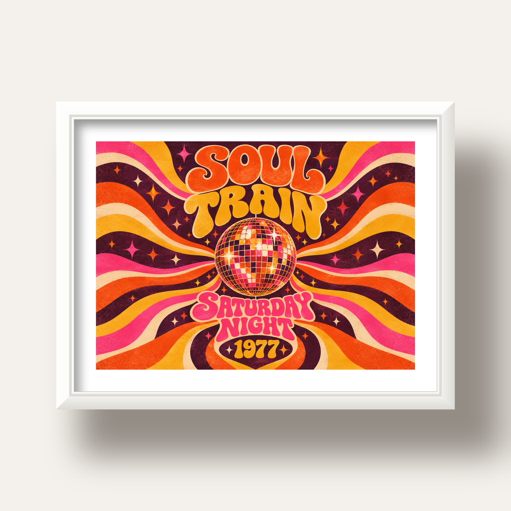 Retro Disko Topu Poster – Soul Train Saturday Night 1977 — beyaz derin çerçeveli paspartulu