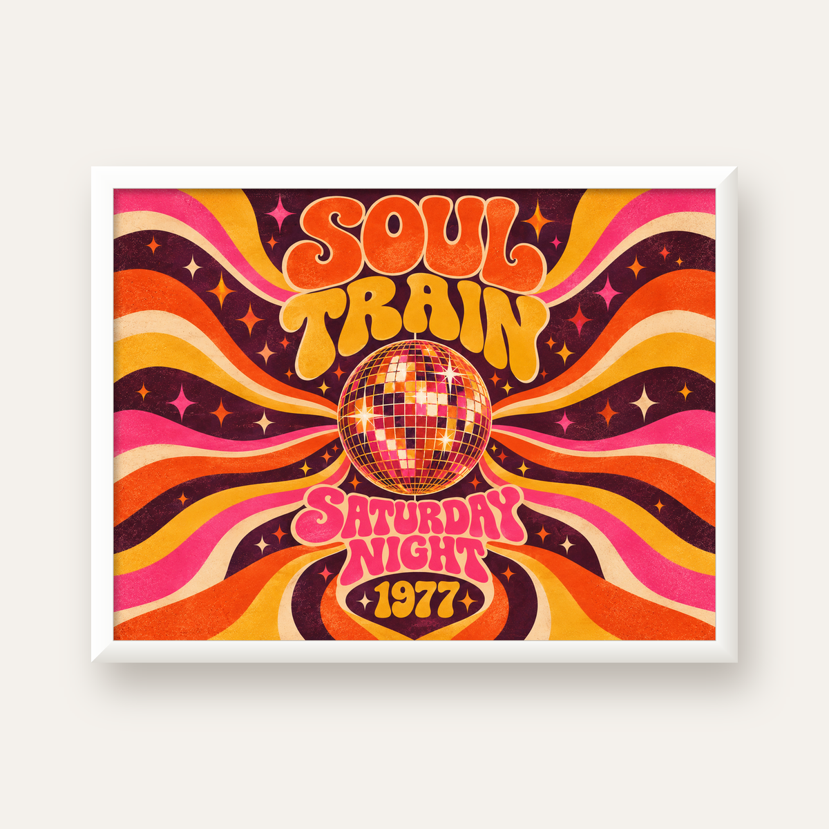 Retro Disko Topu Poster – Soul Train Saturday Night 1977 — beyaz çerçeveli yatay poster