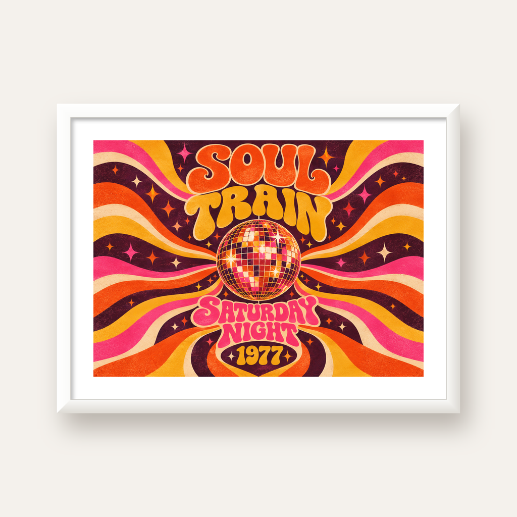 Retro Disko Topu Poster – Soul Train Saturday Night 1977 — beyaz çerçeveli yatay poster