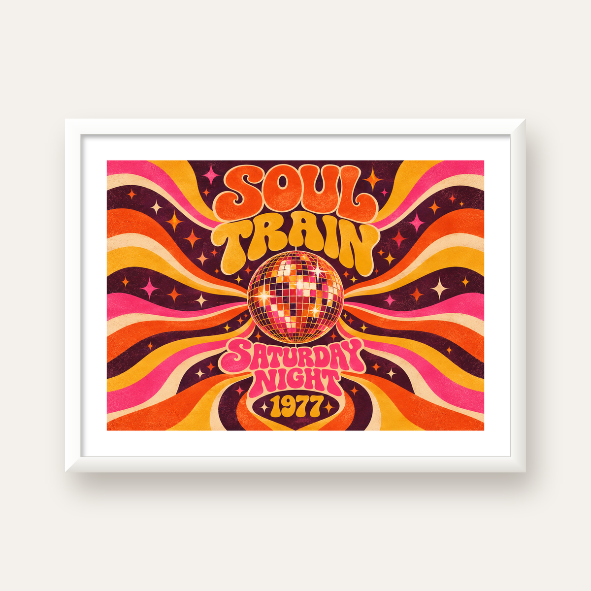 Retro Disko Topu Poster – Soul Train Saturday Night 1977 — beyaz çerçeveli yatay poster