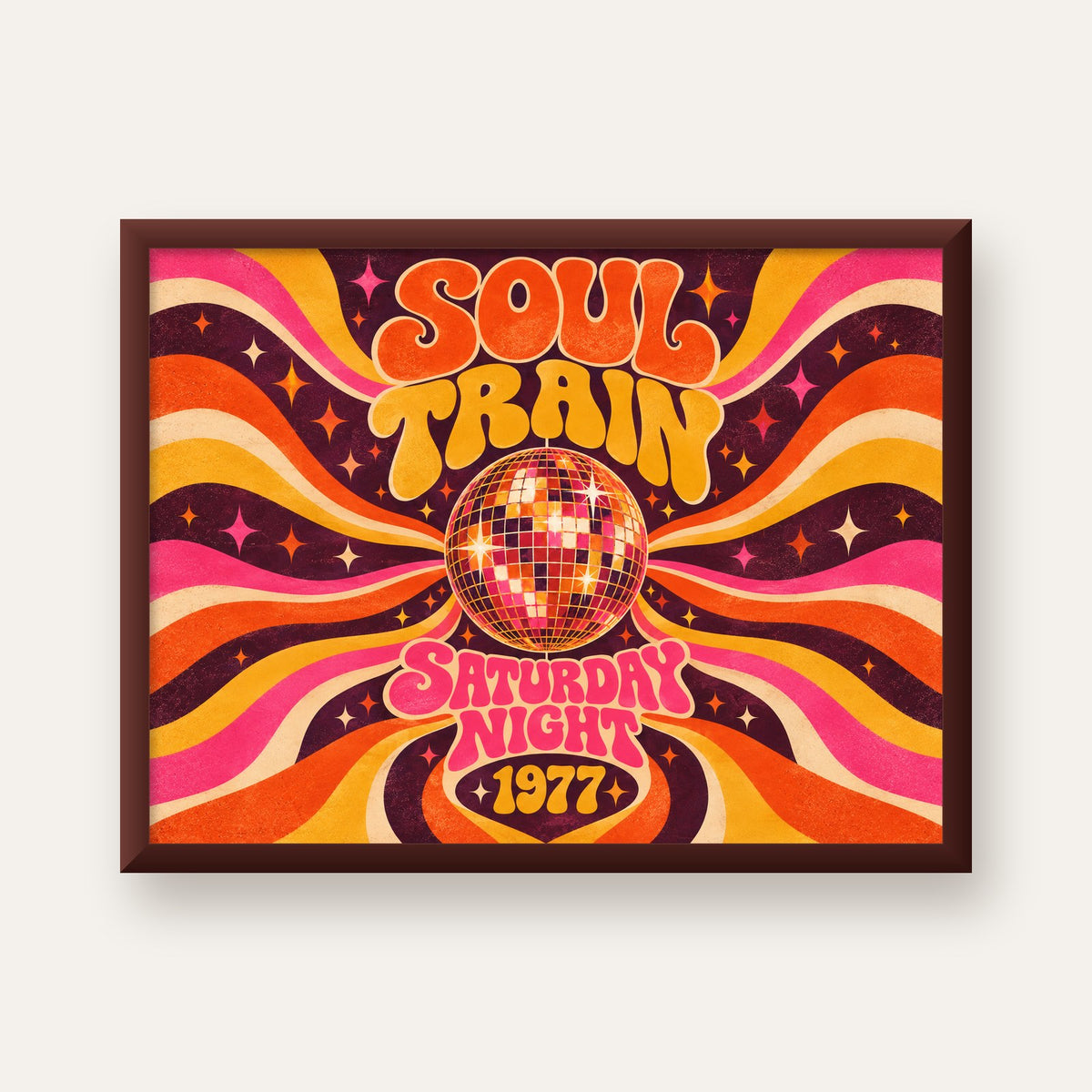 Retro Disko Topu Poster – Soul Train Saturday Night 1977 — ceviz çerçeveli