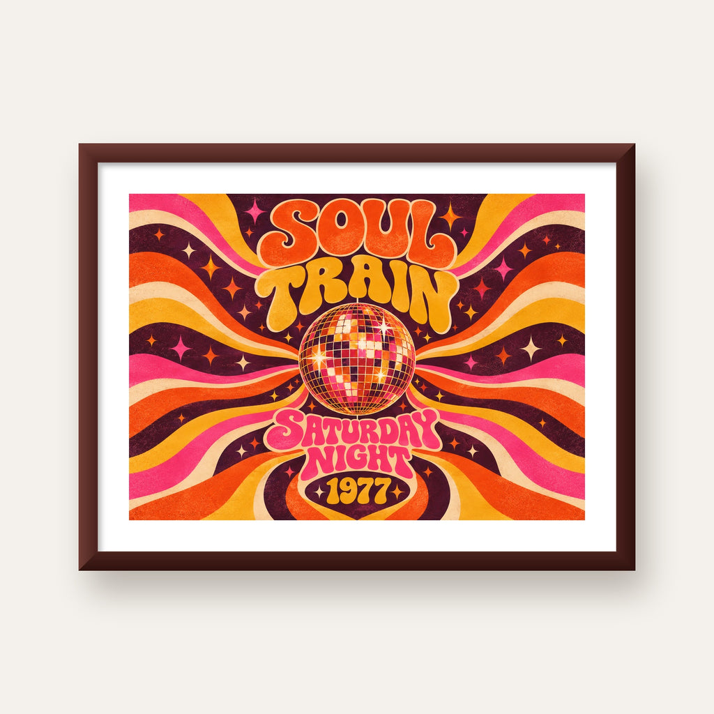 Retro Disko Topu Poster – Soul Train Saturday Night 1977 — ceviz çerçeveli paspartulu