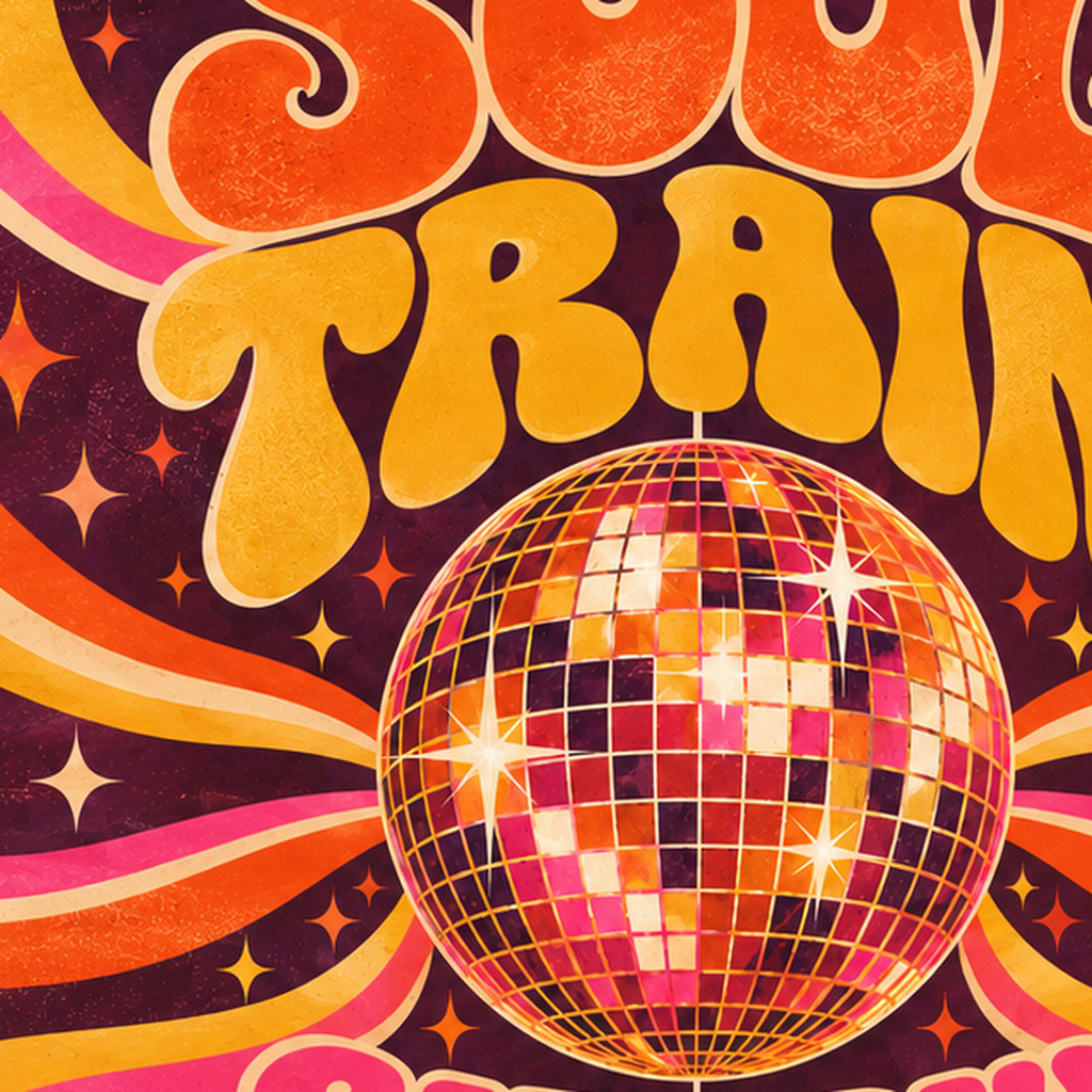 Retro Disko Topu Poster – Soul Train Saturday Night 1977 — baskının yakın çekimi, kâğıt dokusu ve renk detayı