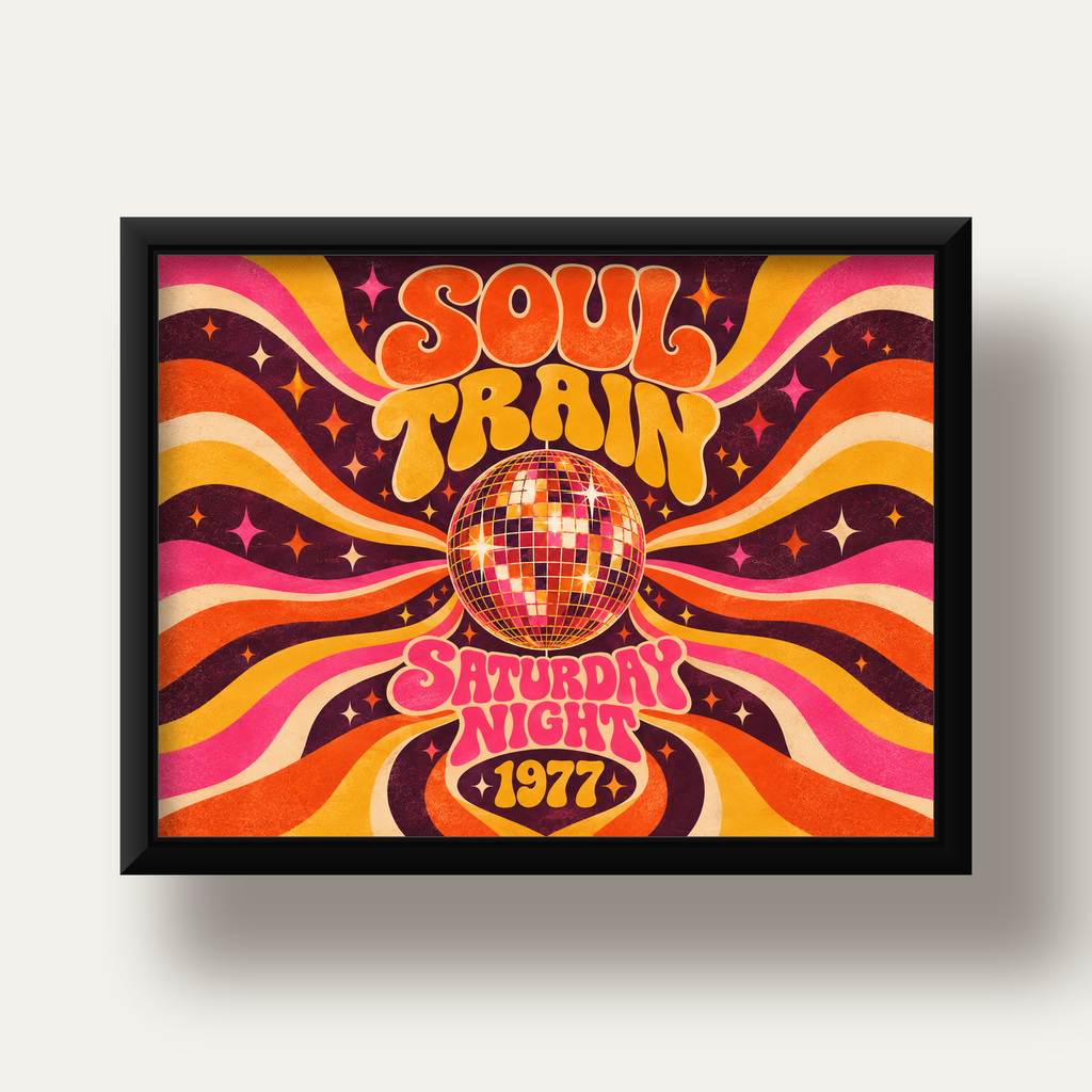 Retro Disko Topu Poster – Soul Train Saturday Night 1977 — siyah derin çerçeveli