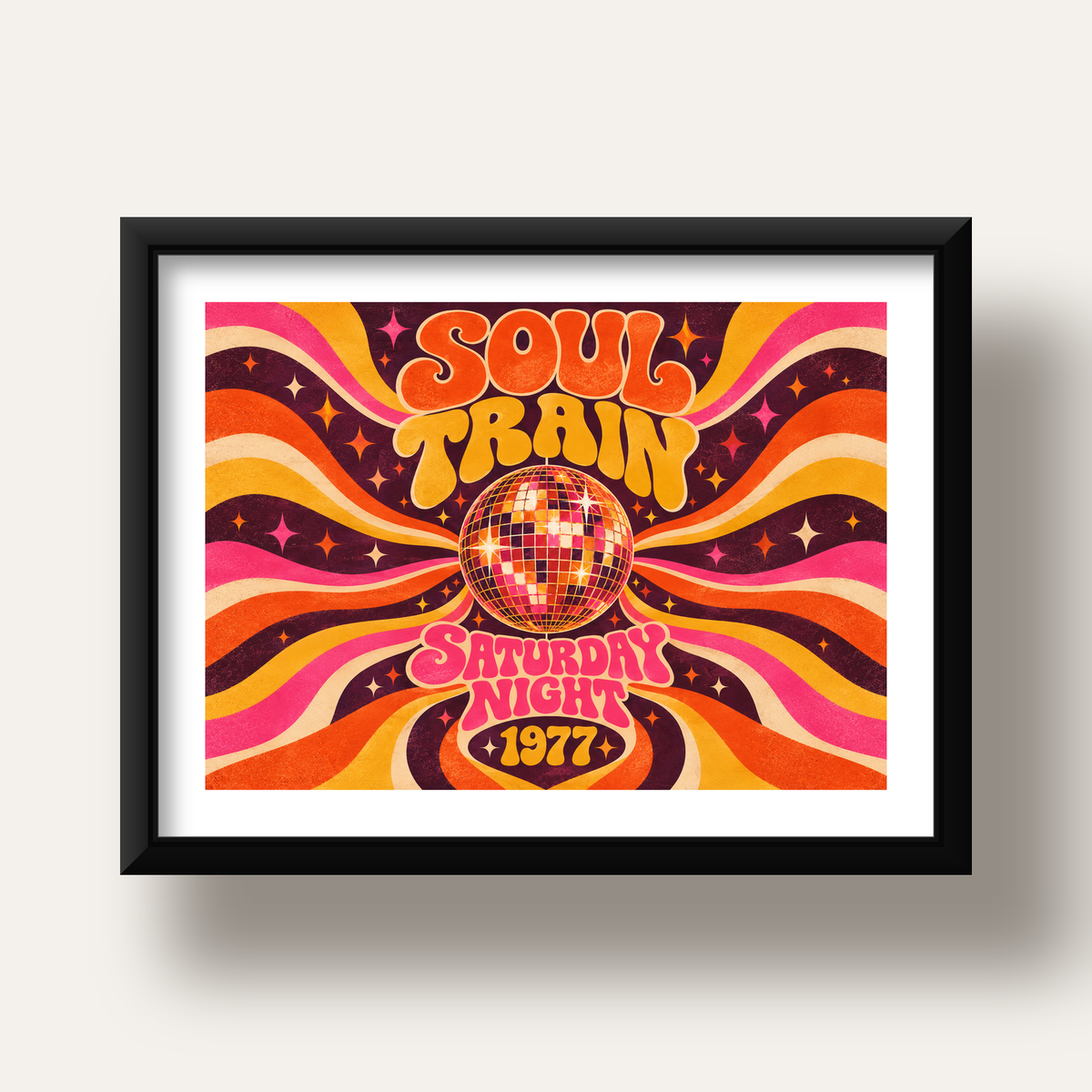 Retro Disko Topu Poster – Soul Train Saturday Night 1977 — siyah derin çerçeveli paspartulu
