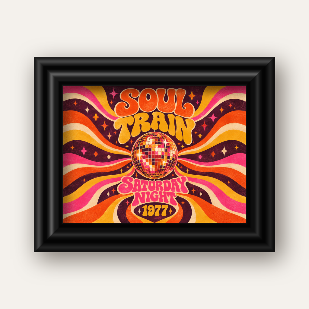 Retro Disko Topu Poster – Soul Train Saturday Night 1977 — siyah galeri çerçeveli