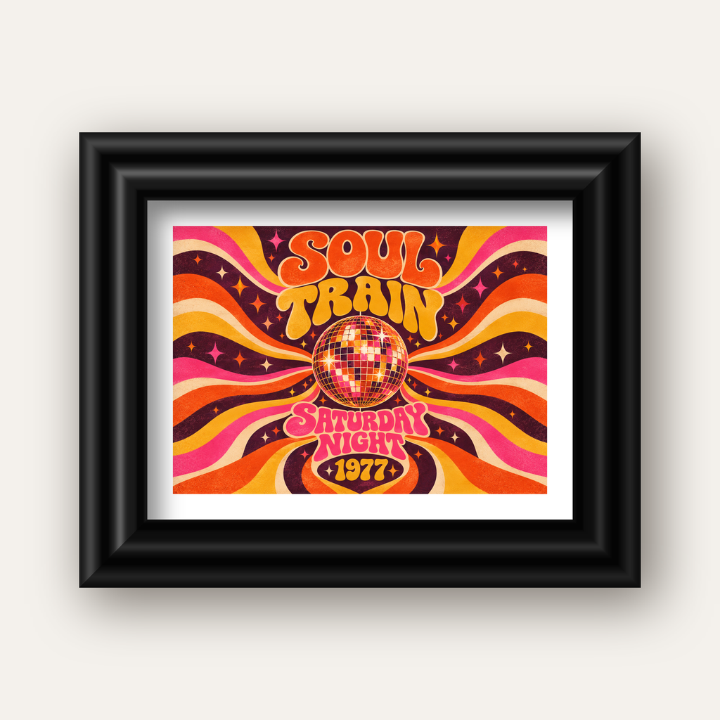 Retro Disko Topu Poster – Soul Train Saturday Night 1977 — siyah galeri çerçeveli paspartulu