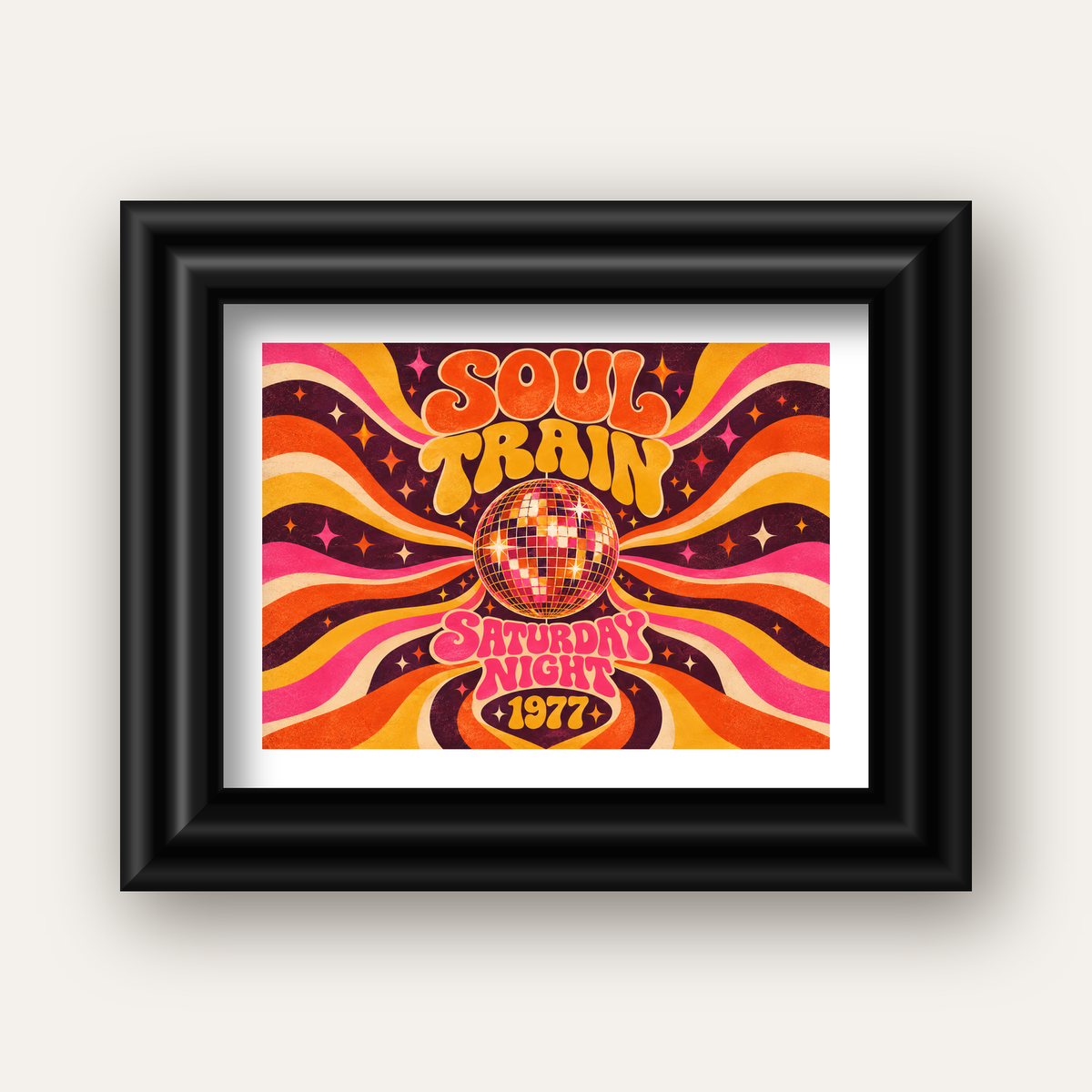 Retro Disko Topu Poster – Soul Train Saturday Night 1977 — siyah galeri çerçeveli paspartulu