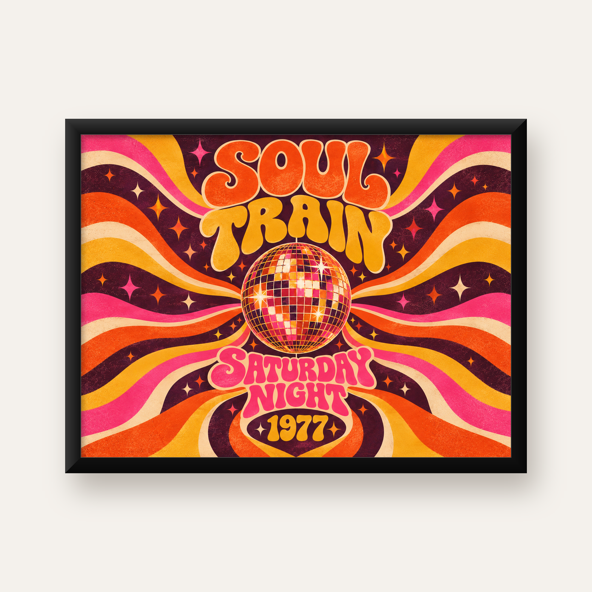 Retro Disko Topu Poster – Soul Train Saturday Night 1977 — Yatay baskı, düz siyah çerçeveli duvar posteri