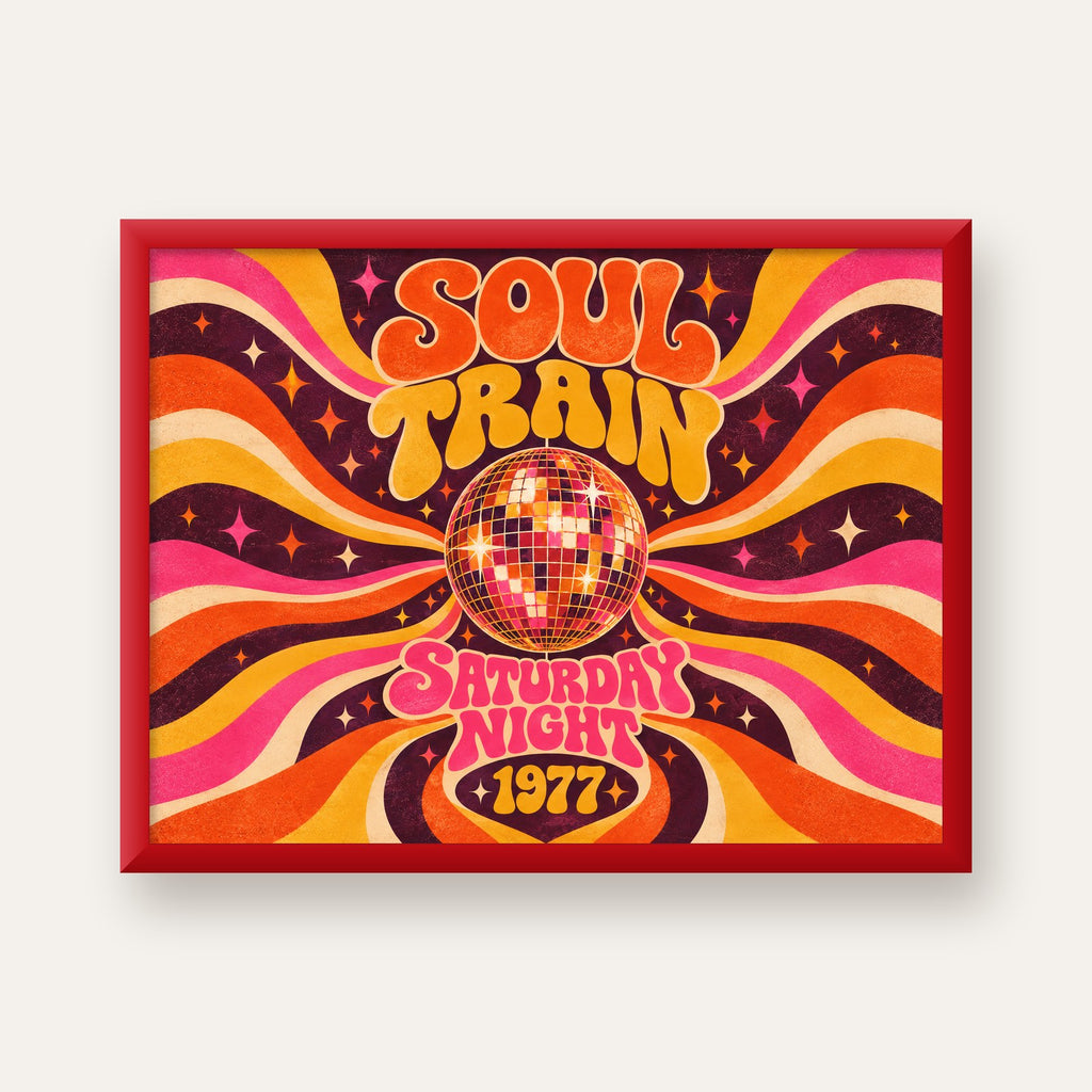 Retro Disko Topu Poster – Soul Train Saturday Night 1977 — kırmızı çerçeveli