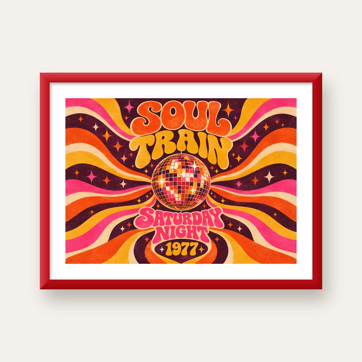 Retro Disko Topu Poster – Soul Train Saturday Night 1977 — kırmızı çerçeveli paspartulu