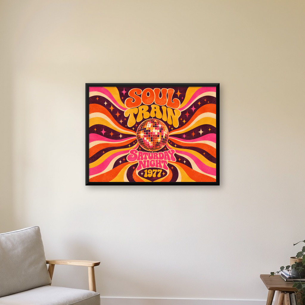 Retro Disko Topu Poster – Soul Train Saturday Night 1977 — Yatay baskı, çerçeveli hâliyle bir ev duvarında