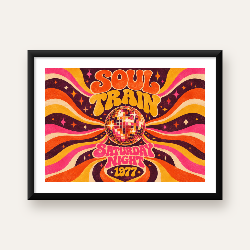 Retro Disko Topu Poster – Soul Train Saturday Night 1977 — Yatay baskı, beyaz paspartulu