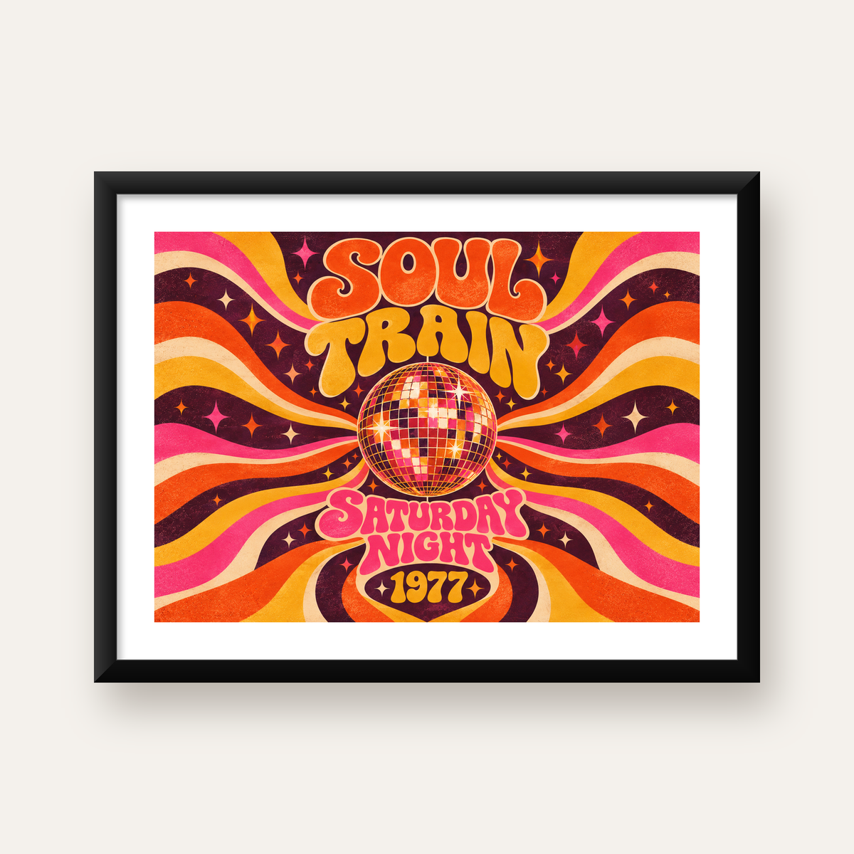 Retro Disko Topu Poster – Soul Train Saturday Night 1977 — Yatay baskı, beyaz paspartulu