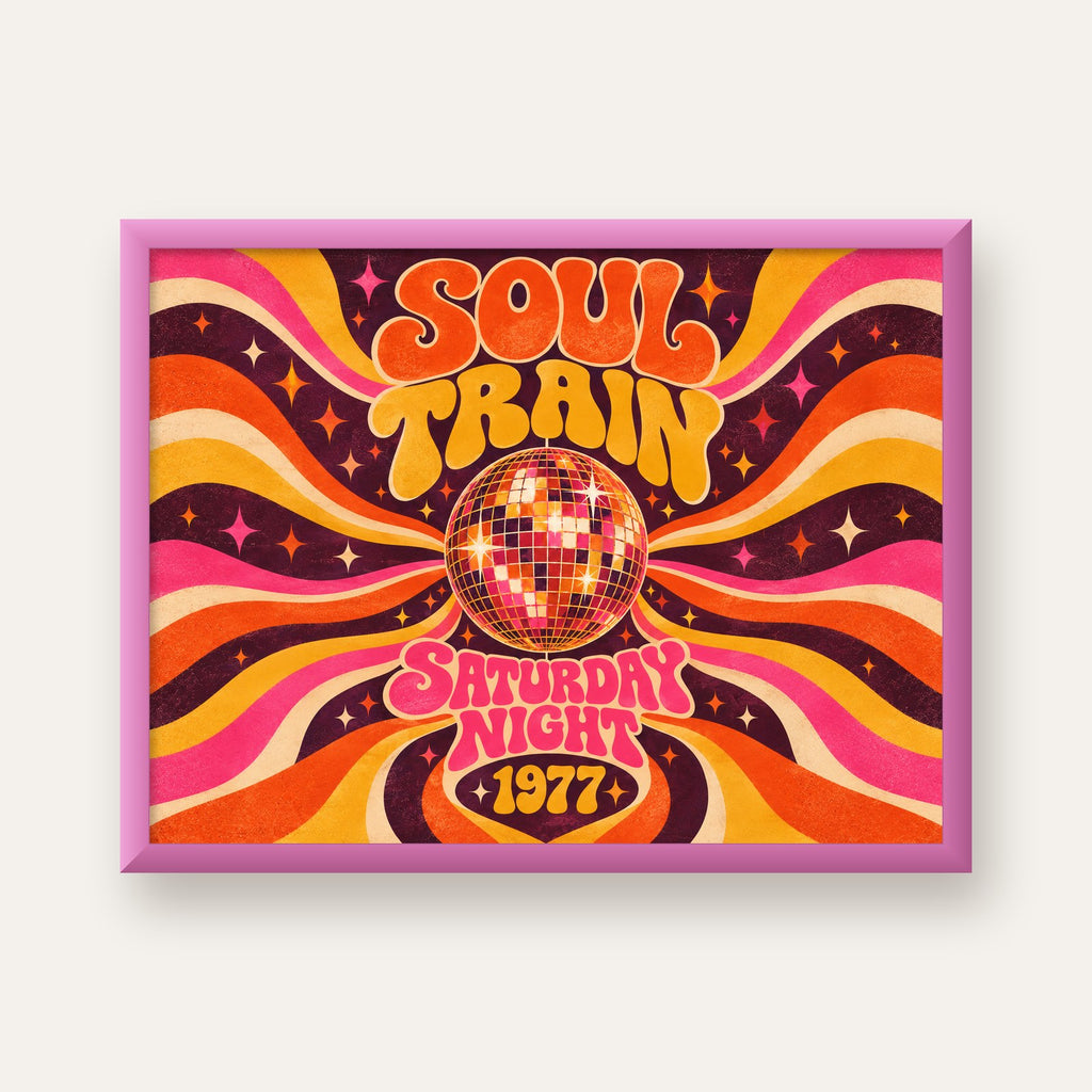 Retro Disko Topu Poster – Soul Train Saturday Night 1977 — pembe çerçeveli
