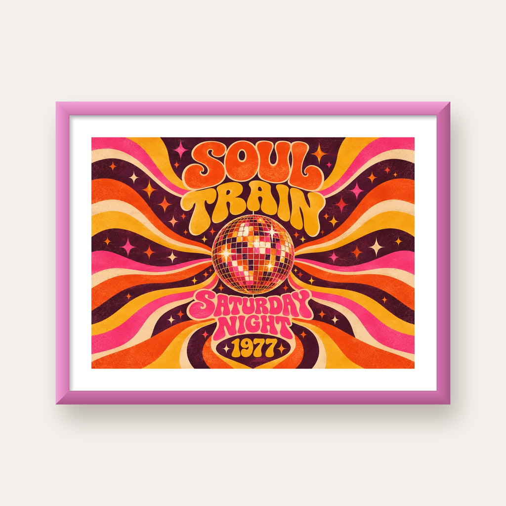 Retro Disko Topu Poster – Soul Train Saturday Night 1977 — pembe çerçeveli paspartulu