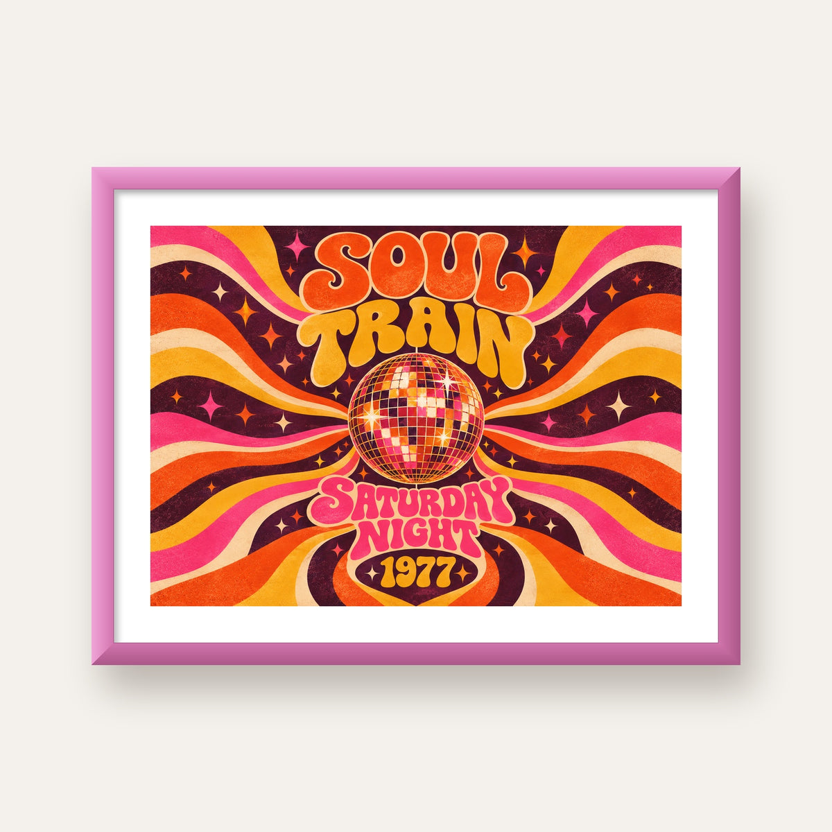 Retro Disko Topu Poster – Soul Train Saturday Night 1977 — pembe çerçeveli paspartulu