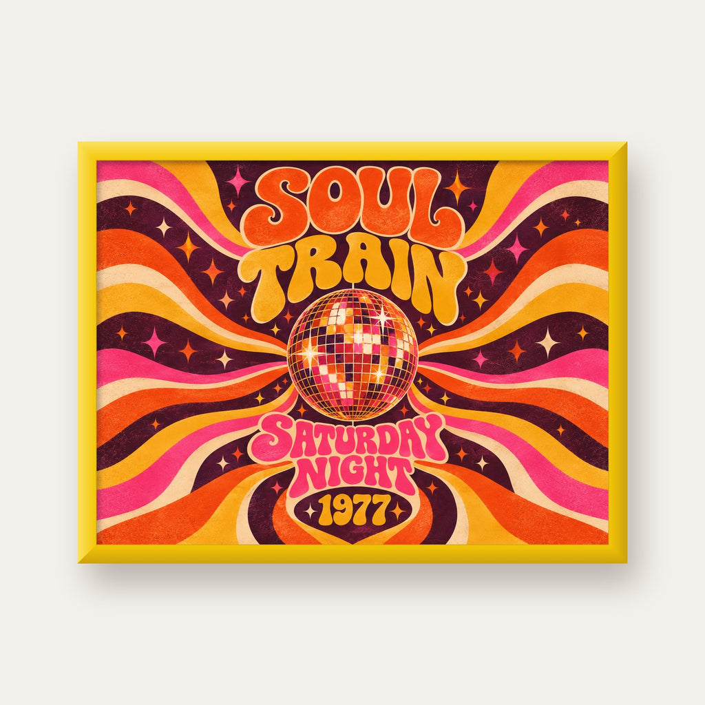 Retro Disko Topu Poster – Soul Train Saturday Night 1977 — sarı çerçeveli
