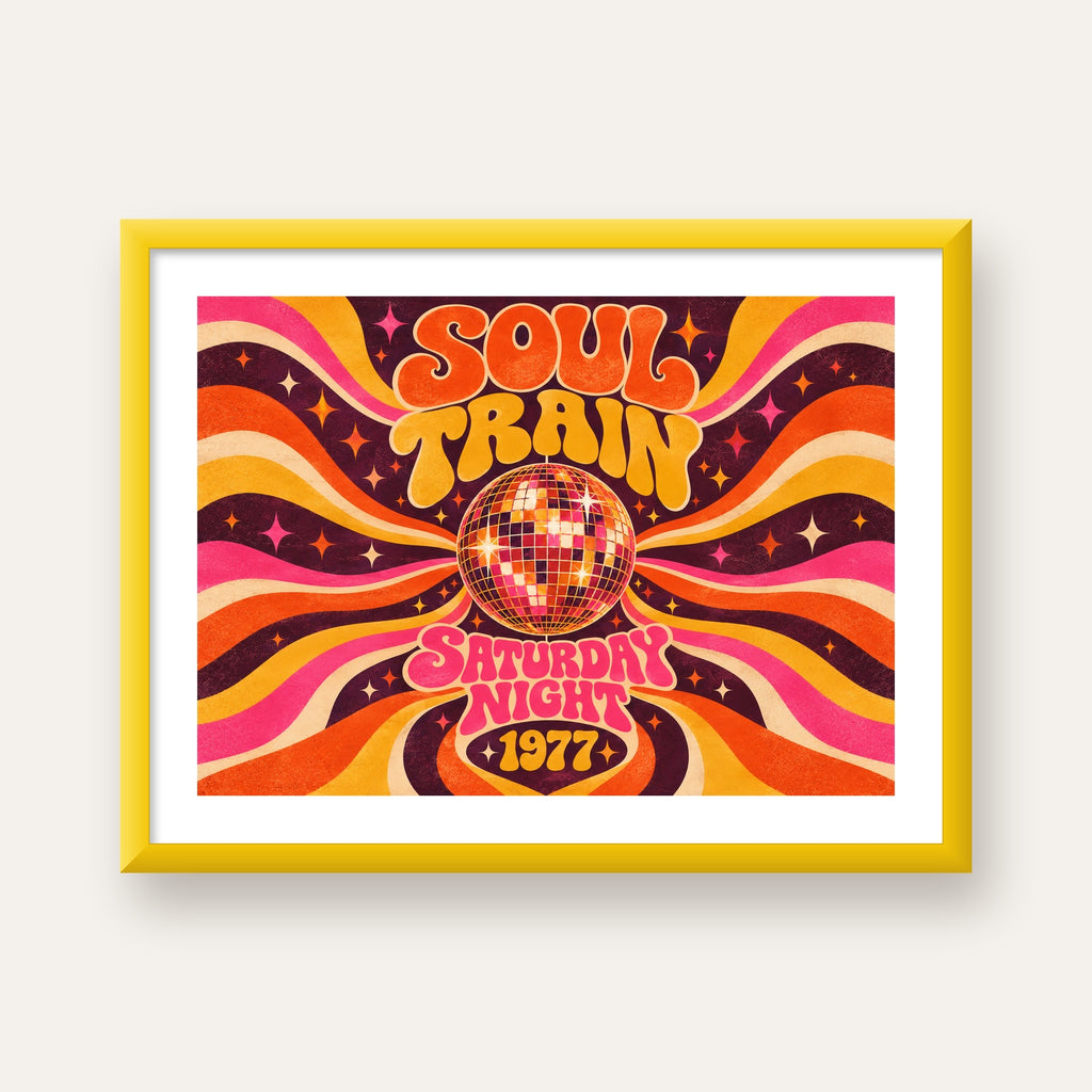 Retro Disko Topu Poster – Soul Train Saturday Night 1977 — sarı çerçeveli paspartulu