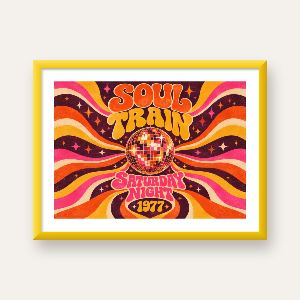 Retro Disko Topu Poster – Soul Train Saturday Night 1977 — sarı çerçeveli paspartulu