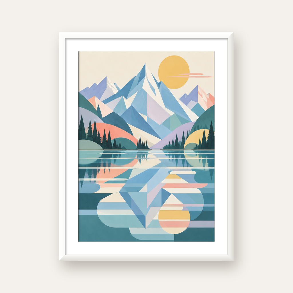Soyut Alp Gölü — beyaz çerçeveli dikey poster