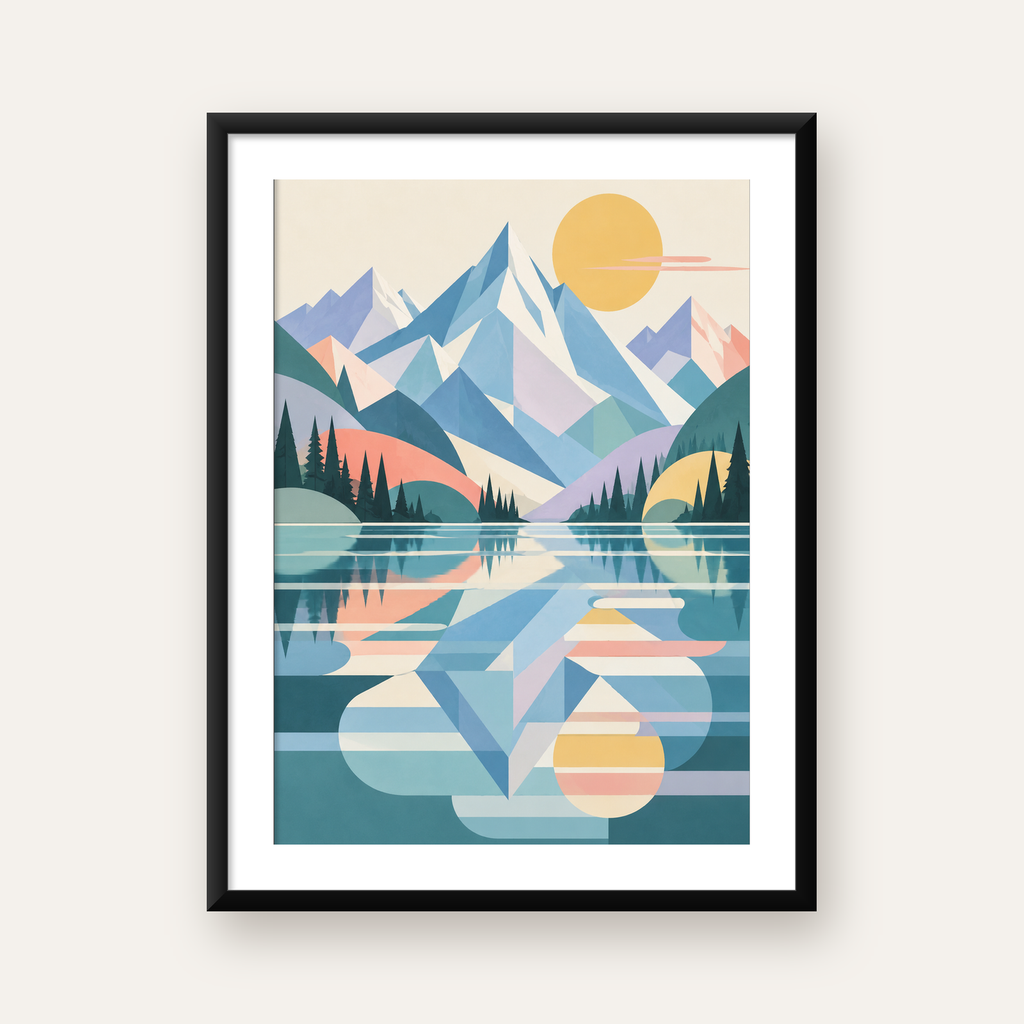 Soyut Dağ ve Göl Manzarası Pastel Renkler Dijital Poster — Dikey baskı, beyaz kenar boşluklu