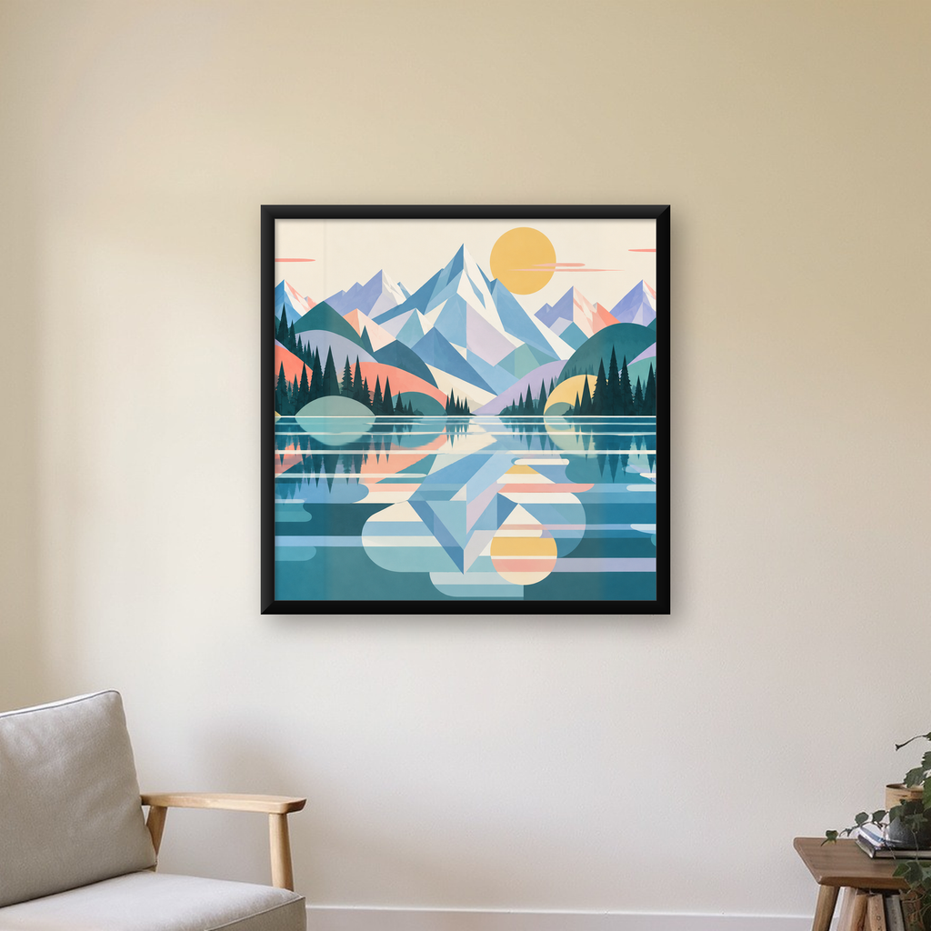 Soyut Dağ ve Göl Manzarası Pastel Renkler Dijital Poster — Kare baskı, çerçeveli hâliyle bir ev duvarında