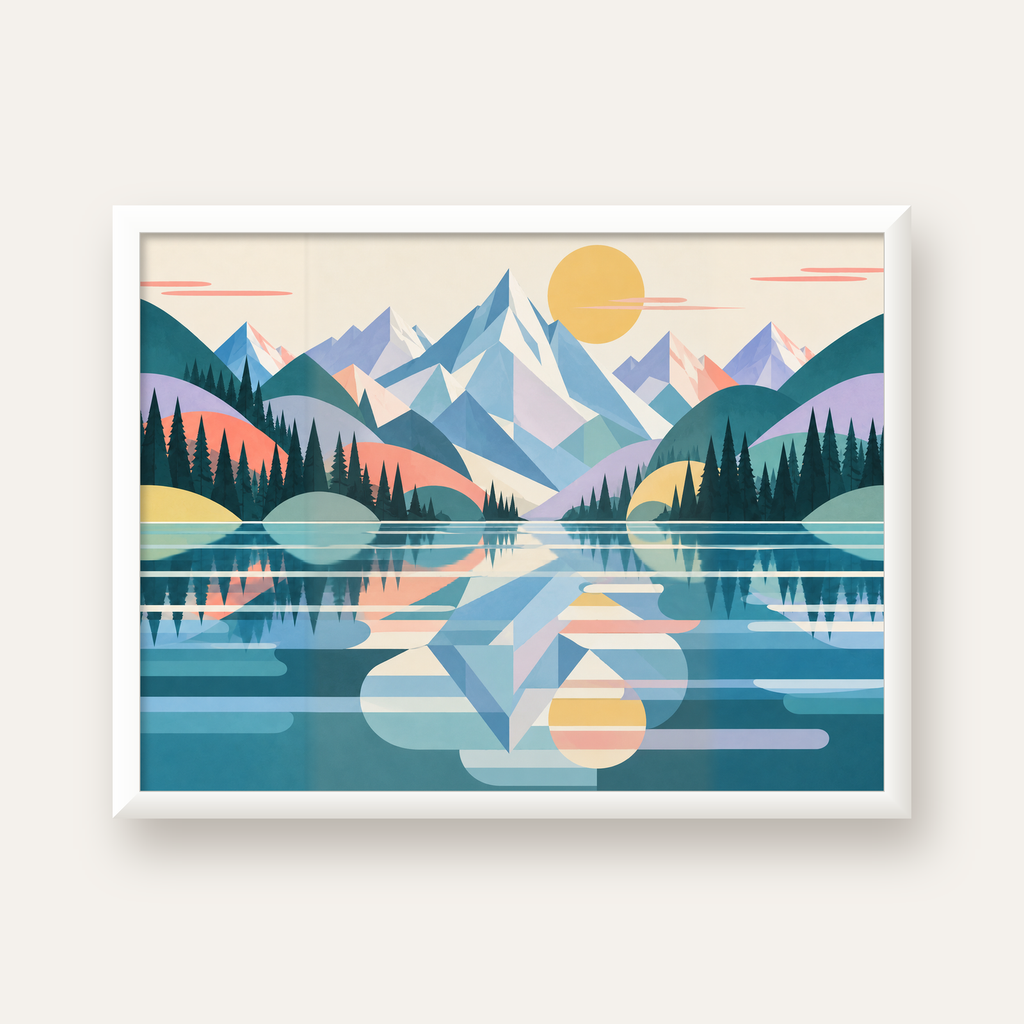 Soyut Alp Gölü — beyaz çerçeveli yatay poster