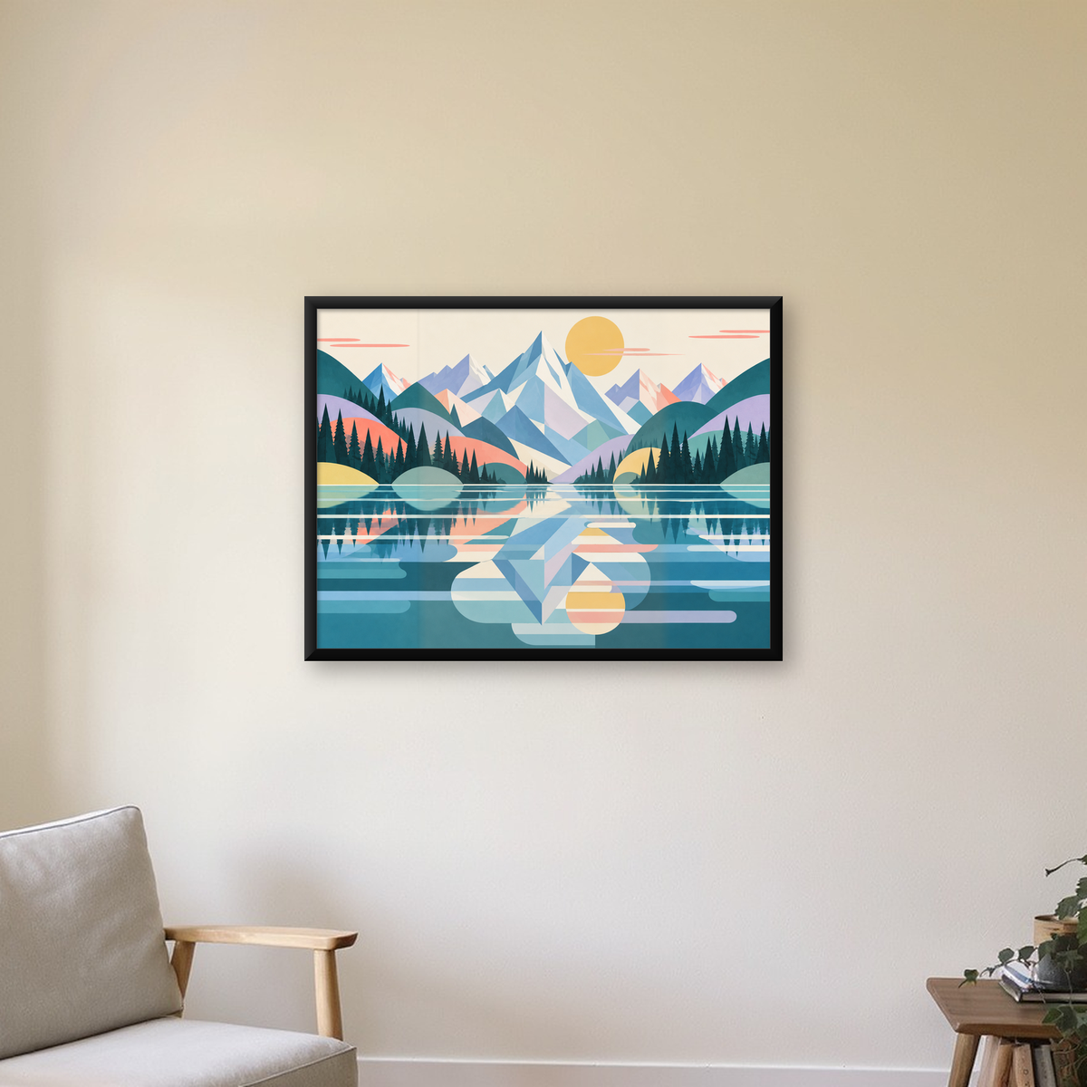 Soyut Dağ ve Göl Manzarası Pastel Renkler Dijital Poster — Yatay baskı, çerçeveli hâliyle bir ev duvarında