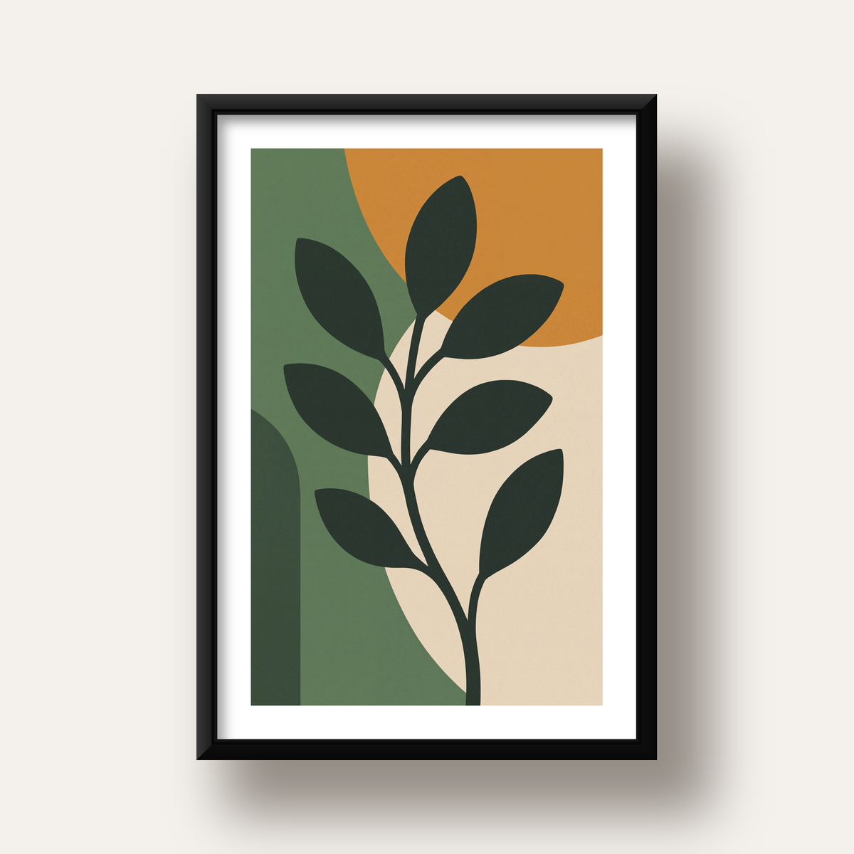 Soyut Bitki İllüstrasyonu Poster – Geometrik Minimal Sanat Baskı — siyah derin çerçeveli paspartulu