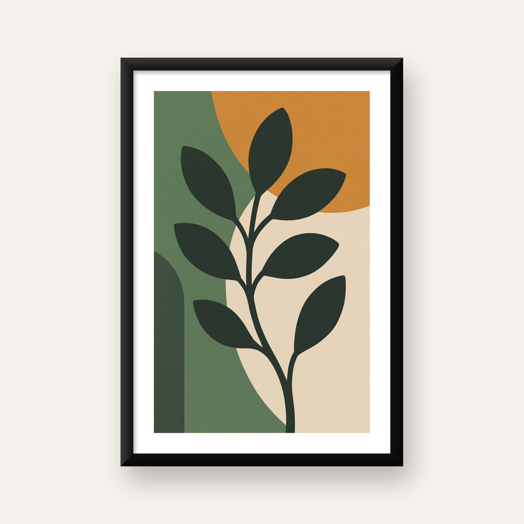 Soyut Bitki İllüstrasyonu Poster – Geometrik Minimal Sanat Baskı — beyaz paspartulu, düz siyah çerçeveli