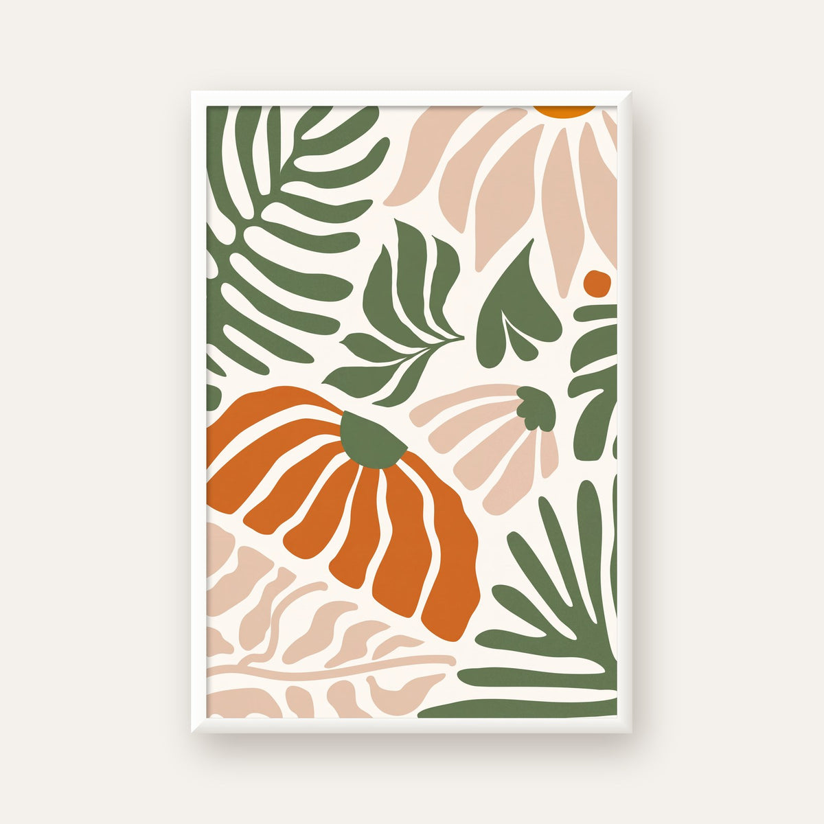 Soyut Bitki ve Çiçek Desenli Modern Dijital Poster — beyaz çerçeveli dikey poster