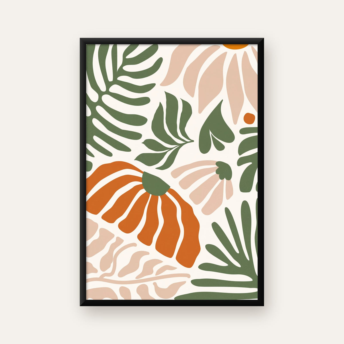 Soyut Bitki ve Çiçek Desenli Modern Dijital Poster — ceviz çerçeveli