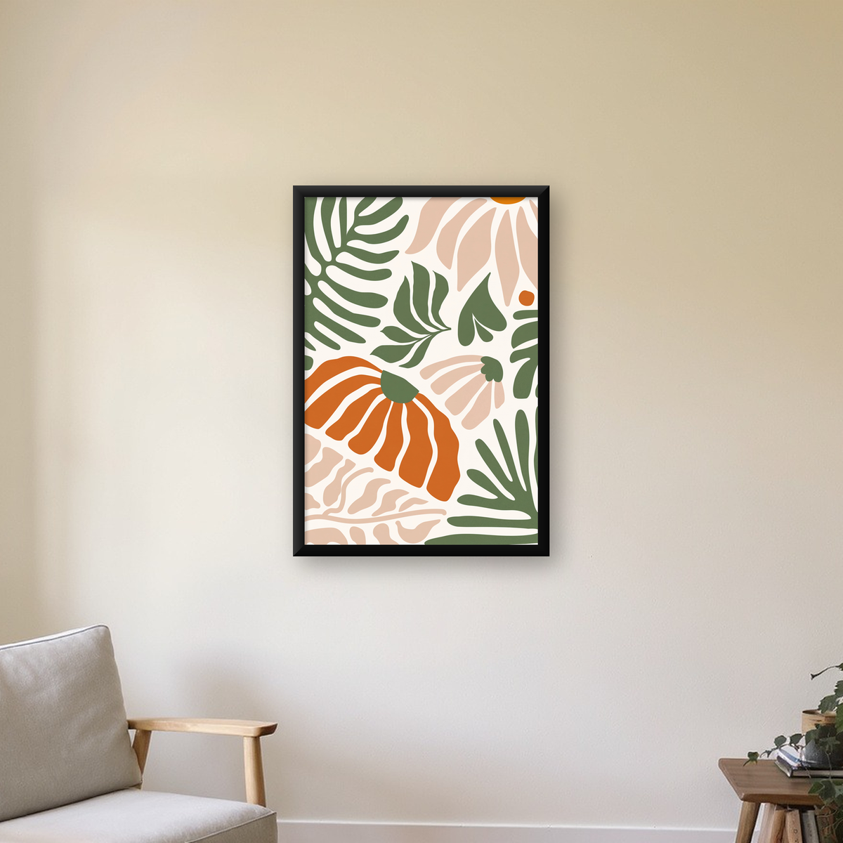 Soyut Bitki ve Çiçek Desenli Modern Dijital Poster — duvarda, düz siyah çerçeveli