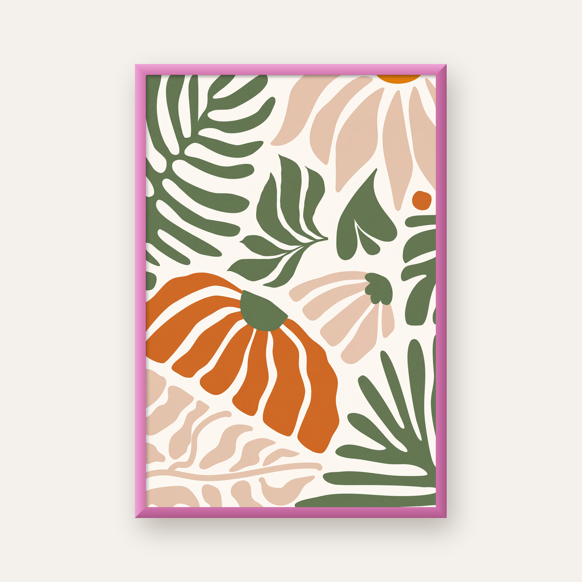 Soyut Bitki ve Çiçek Desenli Modern Dijital Poster — pembe çerçeveli