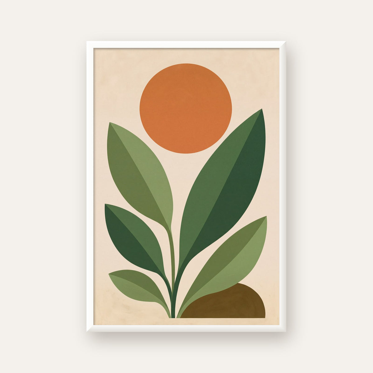Soyut Bitki ve Güneş – Modern Minimal Poster Baskısı — beyaz çerçeveli dikey poster