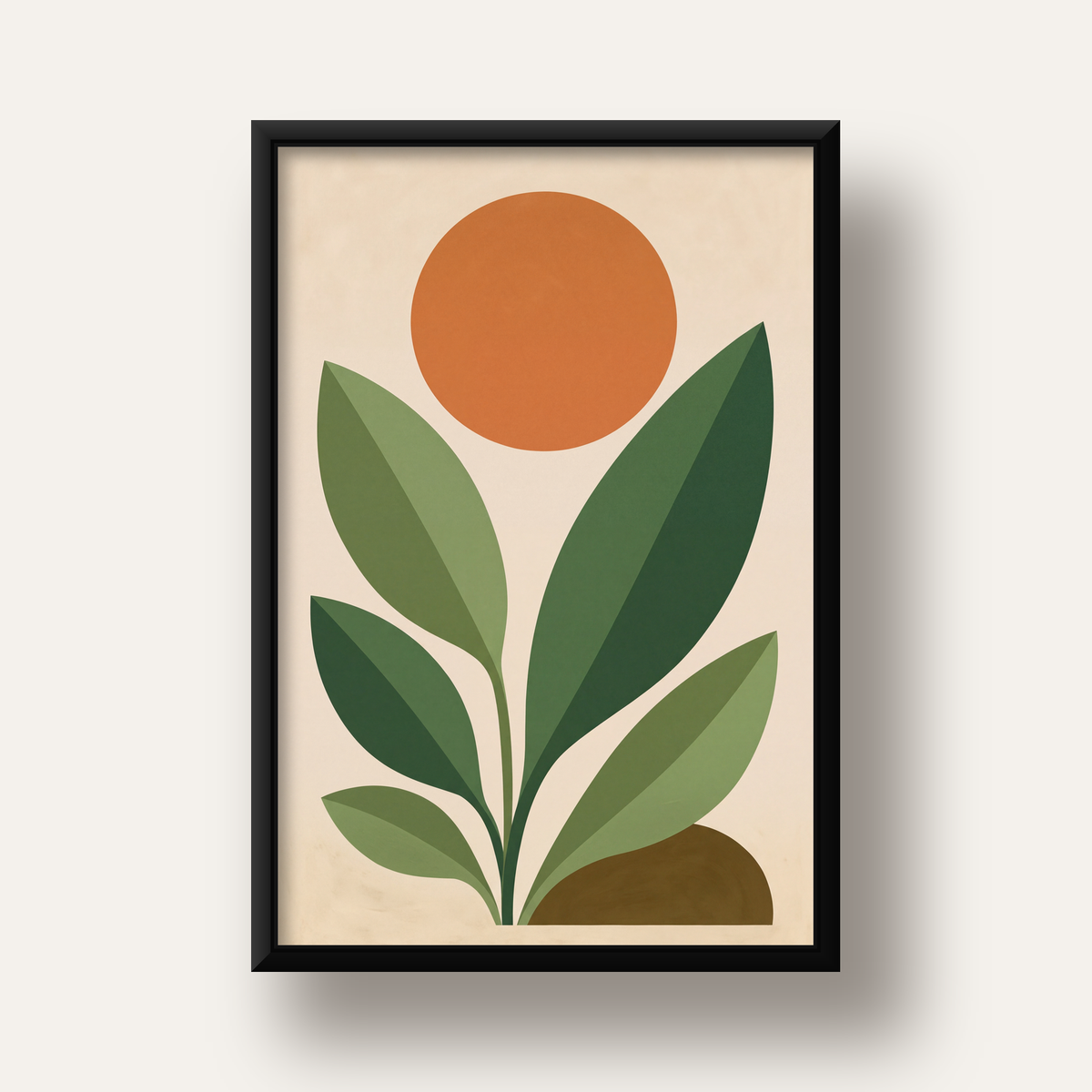 Soyut Bitki ve Güneş – Modern Minimal Poster Baskısı — siyah derin çerçeveli