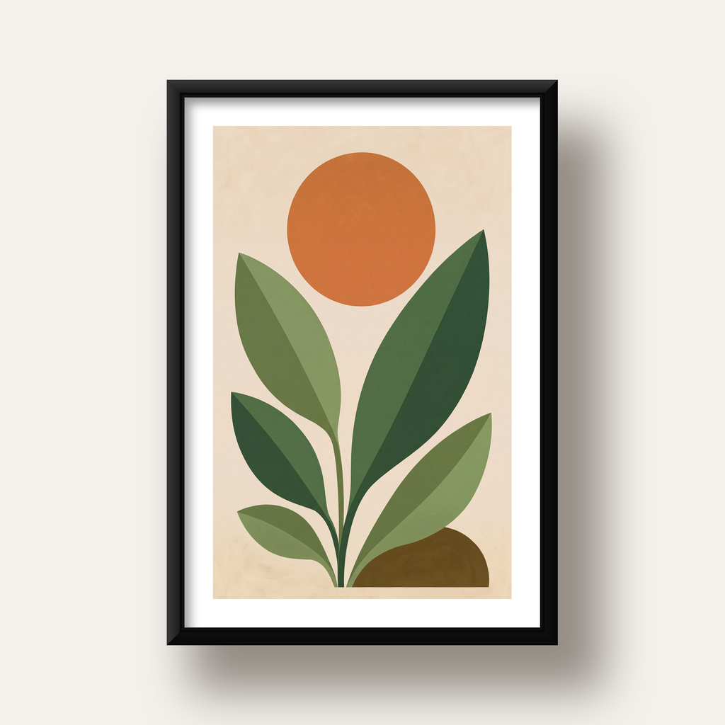 Soyut Bitki ve Güneş – Modern Minimal Poster Baskısı — siyah derin çerçeveli paspartulu