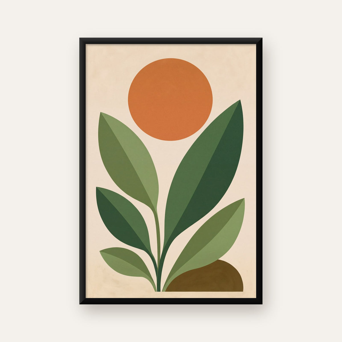 Soyut Bitki ve Güneş – Modern Minimal Poster Baskısı — ceviz çerçeveli