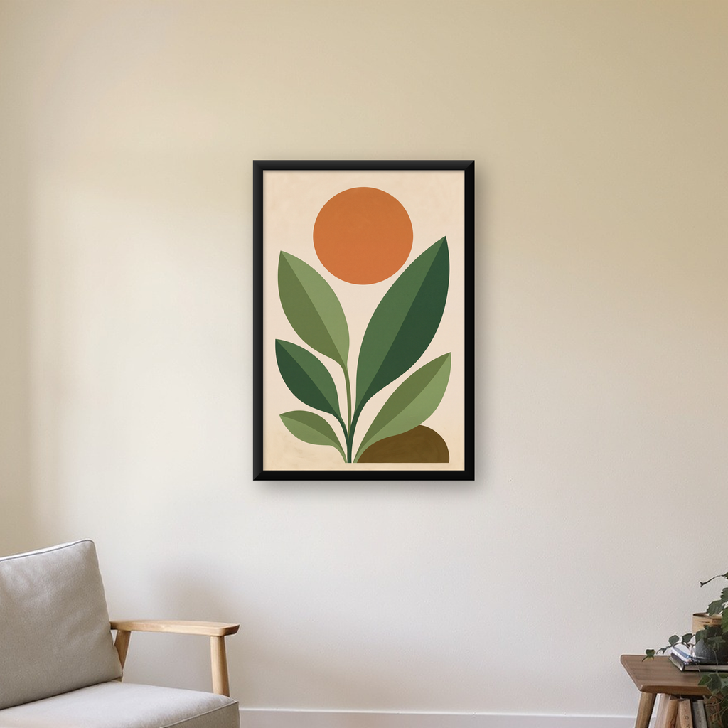 Soyut Bitki ve Güneş – Modern Minimal Poster Baskısı — duvarda, düz siyah çerçeveli