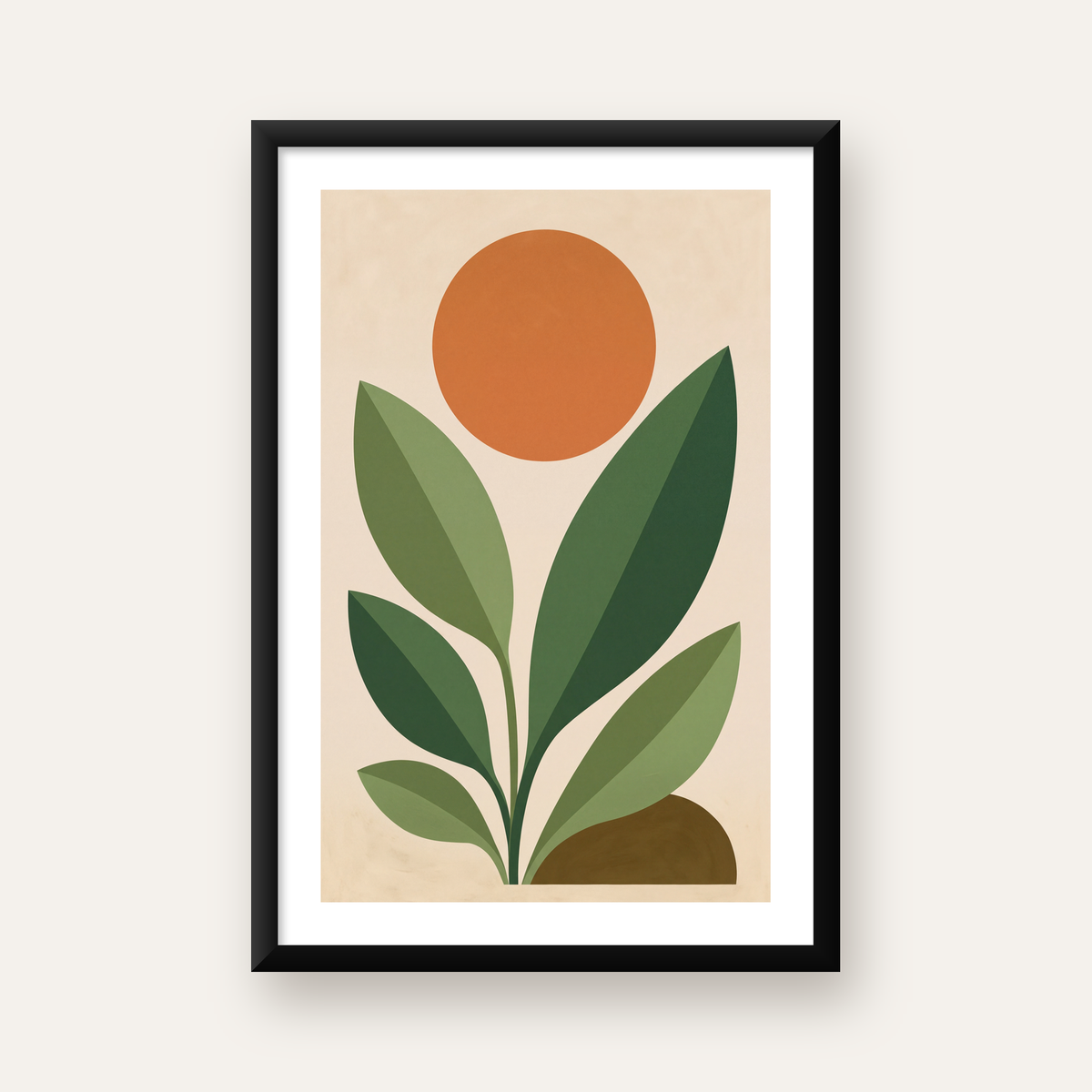 Soyut Bitki ve Güneş – Modern Minimal Poster Baskısı — beyaz paspartulu, düz siyah çerçeveli