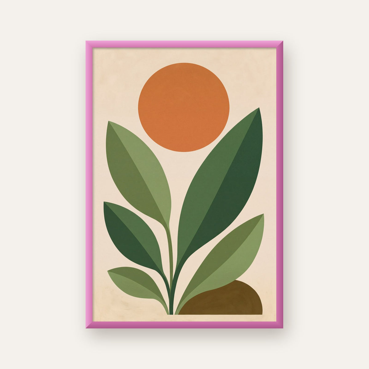 Soyut Bitki ve Güneş – Modern Minimal Poster Baskısı — pembe çerçeveli