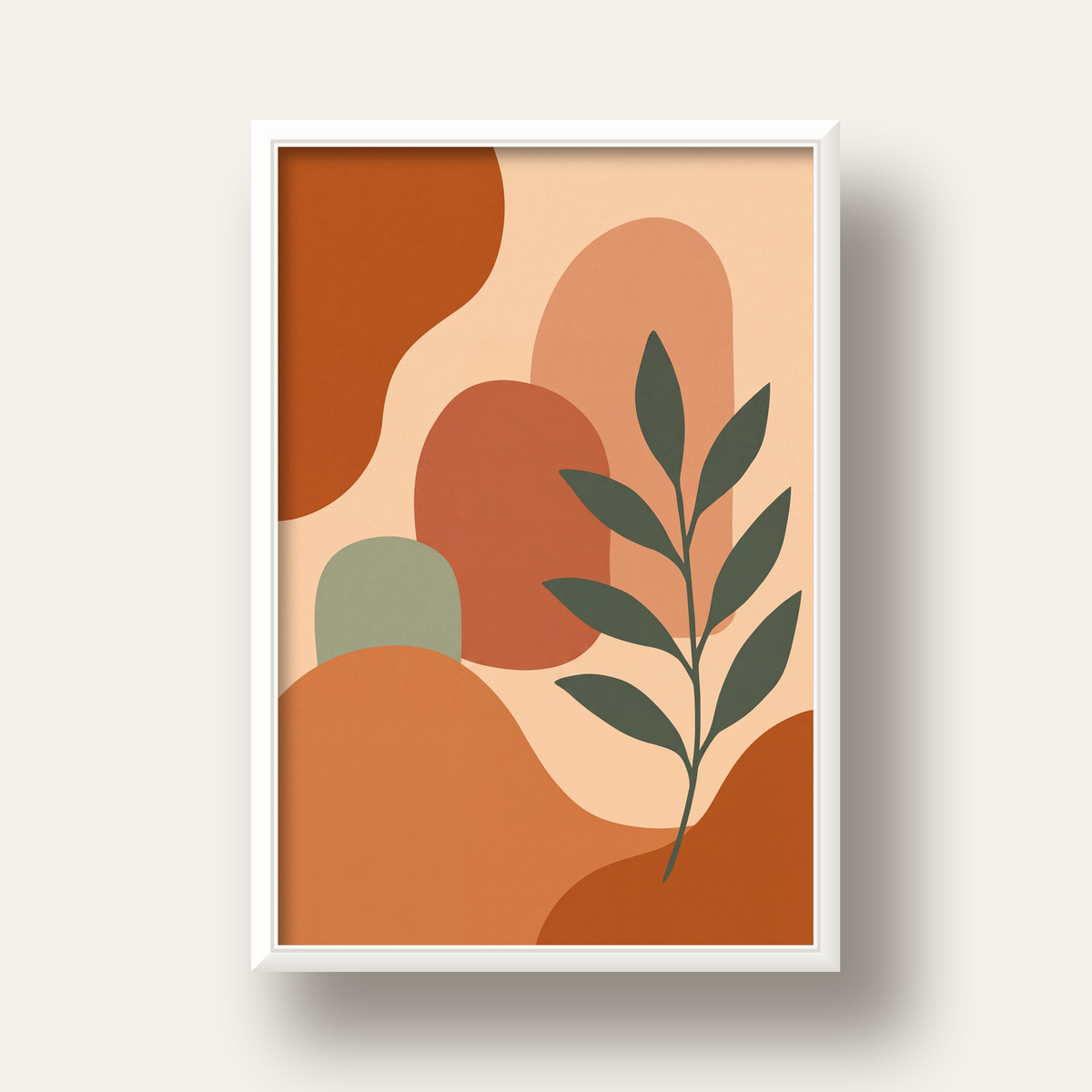 Soyut Bitki ve Şekiller Poster – Modern Minimal Sanat Baskısı — beyaz derin çerçeveli